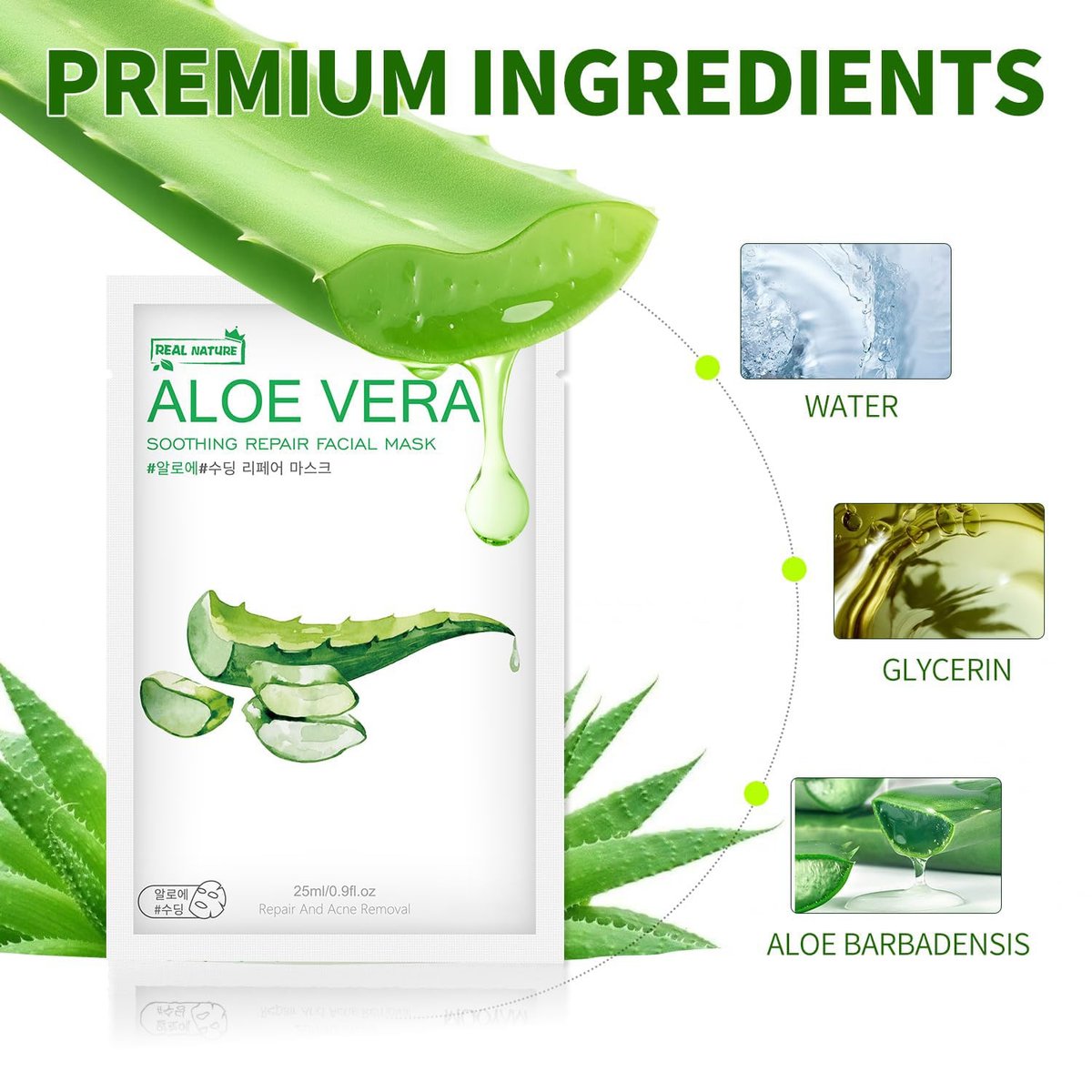 Aloe Vera Face Mask – Hydrating Sheet Masks for Dry, Oily, Sensitive Skin, Moisturizing, Soothing, Calming, Sun Care, Acne, 10-Pack Avelisse