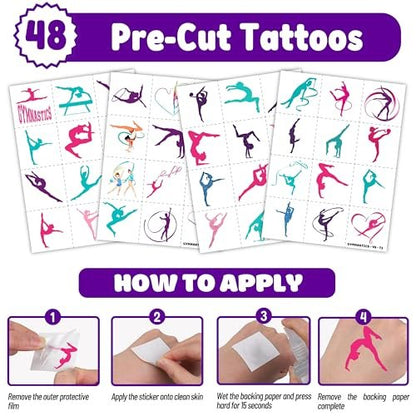 72 PCS Gymnastics Party Favors - 48 Temporary Tattoos & 24 Slap Bracelets for Kids, Gymnastics-Themed Birthday Party Supplies, School Prizes, Christmas Rewards