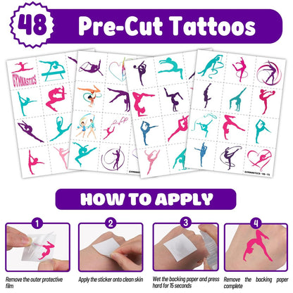 72 PCS Gymnastics Party Favors - 48 Temporary Tattoos & 24 Slap Bracelets for Kids, Gymnastics-Themed Birthday Party Supplies, School Prizes, Christmas Rewards
