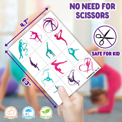 72 PCS Gymnastics Party Favors - 48 Temporary Tattoos & 24 Slap Bracelets for Kids, Gymnastics-Themed Birthday Party Supplies, School Prizes, Christmas Rewards