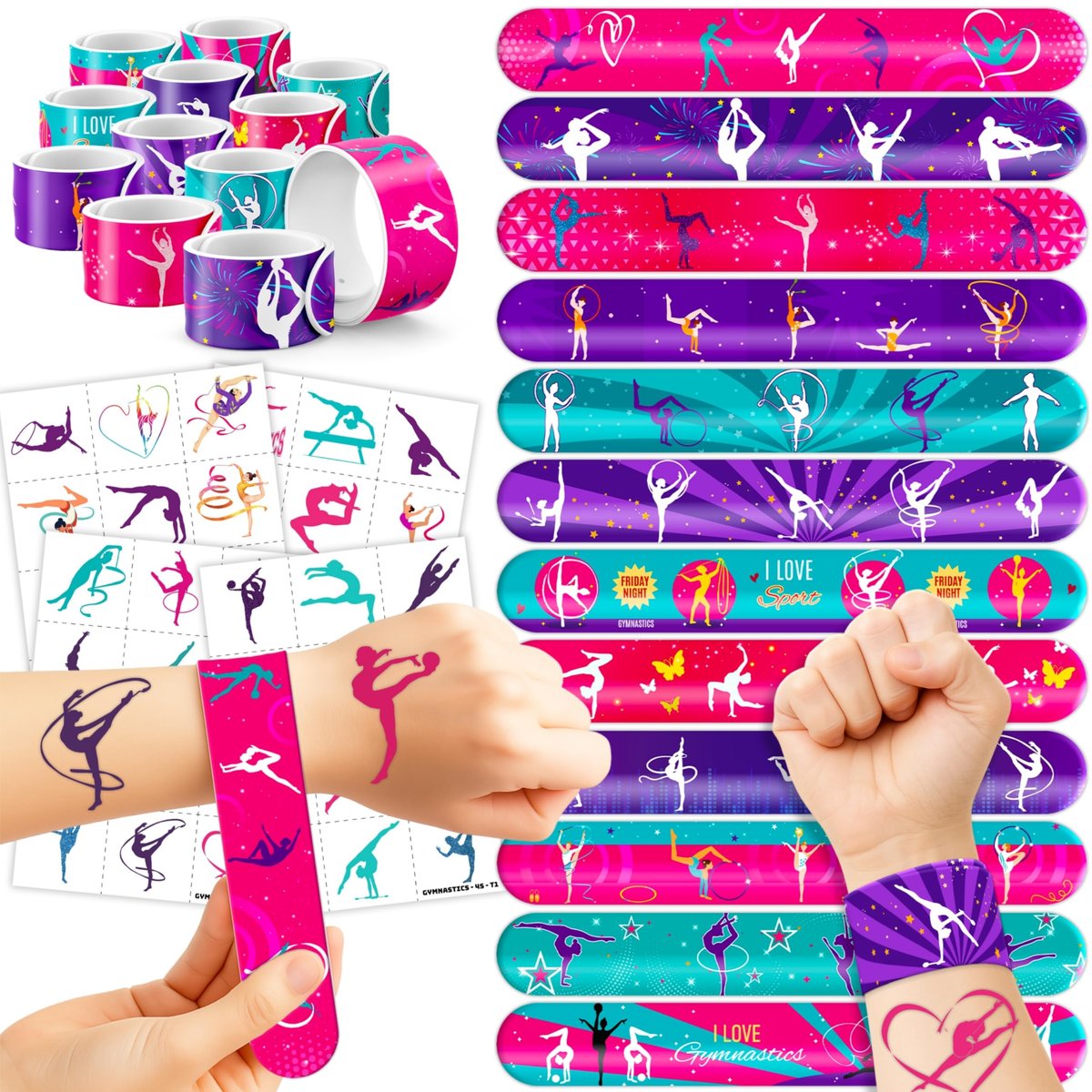 72 PCS Gymnastics Party Favors - 48 Temporary Tattoos & 24 Slap Bracelets for Kids, Gymnastics-Themed Birthday Party Supplies, School Prizes, Christmas Rewards - görsel 1