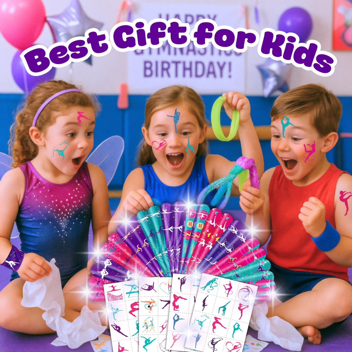 72 PCS Gymnastics Party Favors - 48 Temporary Tattoos & 24 Slap Bracelets for Kids, Gymnastics-Themed Birthday Party Supplies, School Prizes, Christmas Rewards - görsel 3