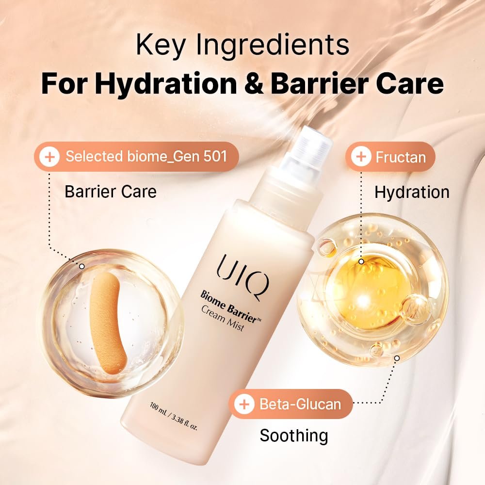 UIQ Biome Barrier Cream Mist - Microbiome-Powered Face Mist with Hyaluronic Acid & Niacinamide, Deep Hydration, Glow & Soothing, Korean Skin Care, 100ml / 3.38 fl. oz. Avelisse