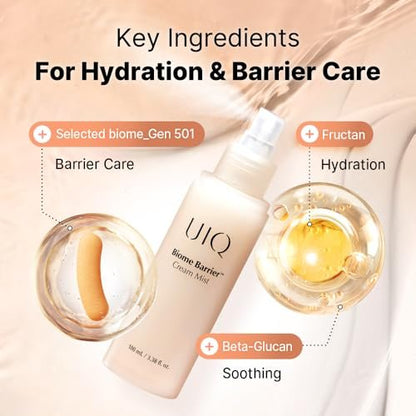 UIQ Biome Barrier Cream Mist - Microbiome-Powered Face Mist with Hyaluronic Acid & Niacinamide, Deep Hydration, Glow & Soothing, Korean Skin Care, 100ml / 3.38 fl. oz. Avelisse