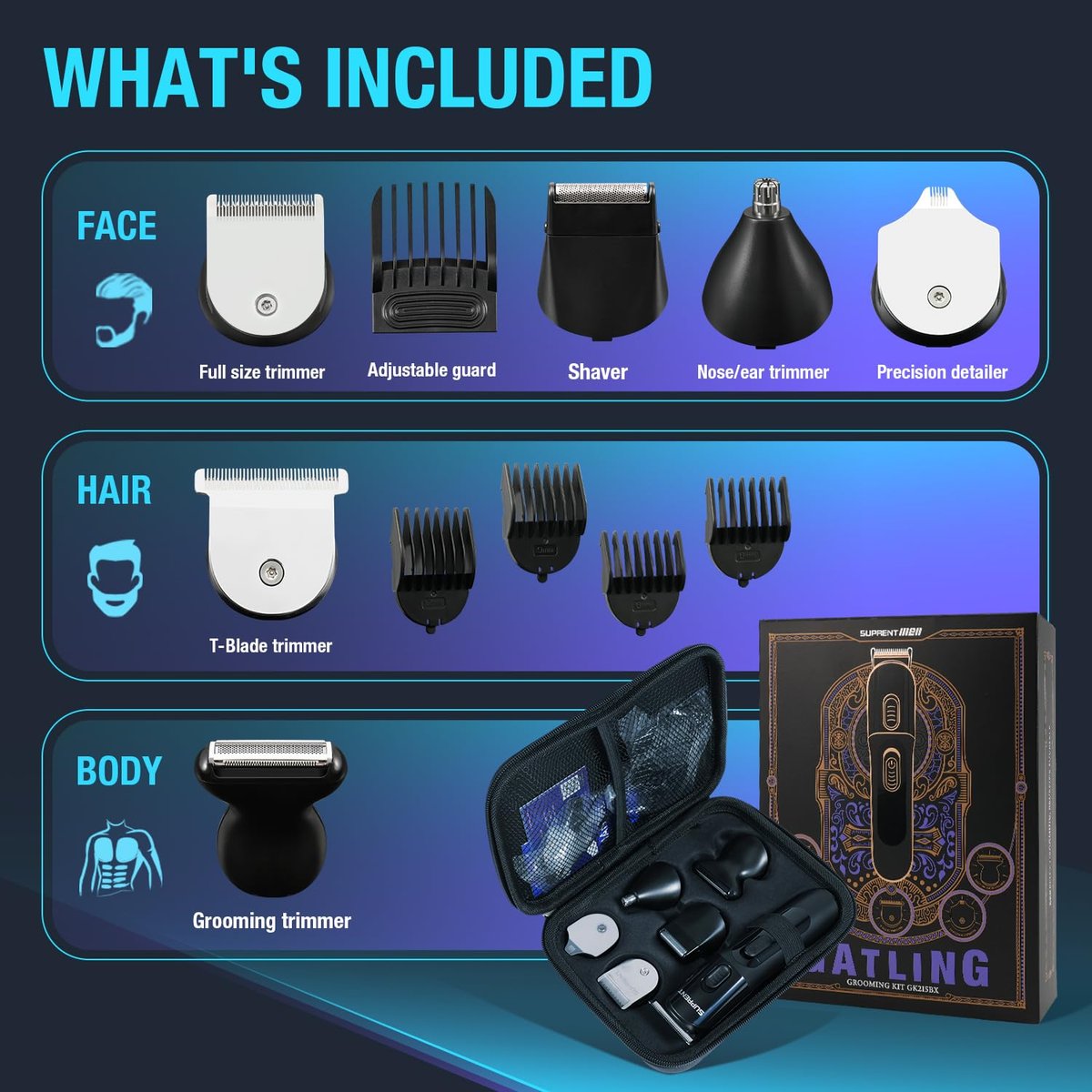 SUPRENT Hair Trimmer for Men - 16-Piece Men's Grooming Kit with Electric Trimmer, IPX7 Waterproof, for Beard, Mustache, Body, Nose, Ear - Premium Gift Set - görsel 5