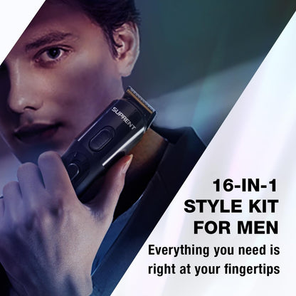 SUPRENT Hair Trimmer for Men - 16-Piece Men's Grooming Kit with Electric Trimmer, IPX7 Waterproof, for Beard, Mustache, Body, Nose, Ear - Premium Gift Set