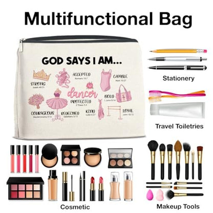 Inspirational Christian Ballerina Makeup Bag – Motivational Dancer Cosmetic Pouch – God Says I Am Gift for Girls