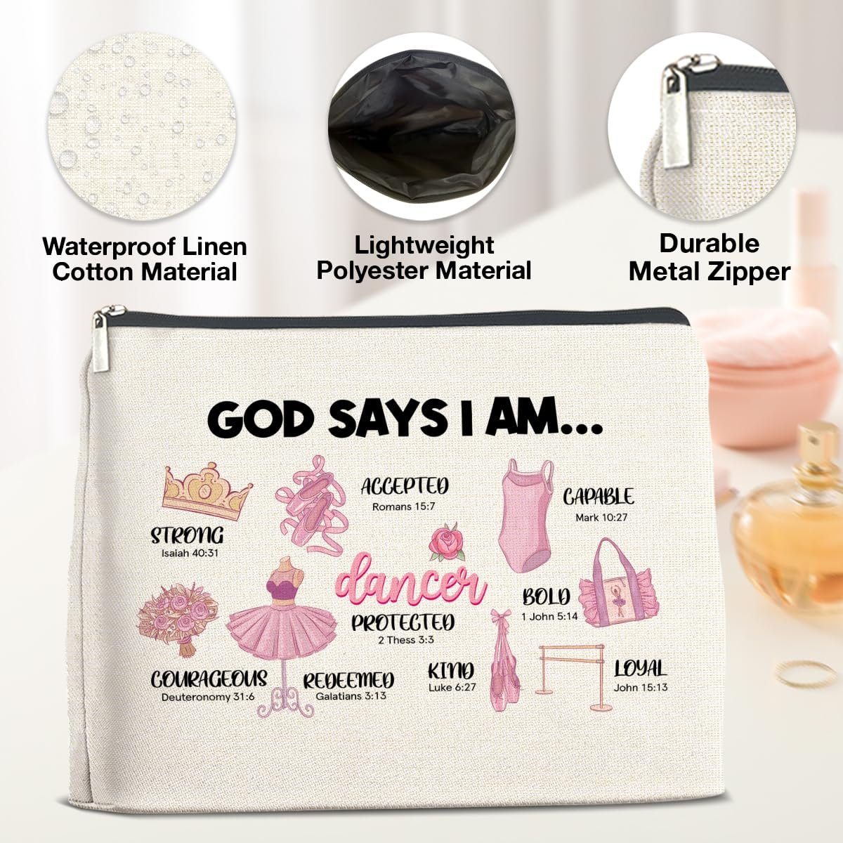 Inspirational Christian Ballerina Makeup Bag – Motivational Dancer Cosmetic Pouch – God Says I Am Gift for Girls - görsel 5
