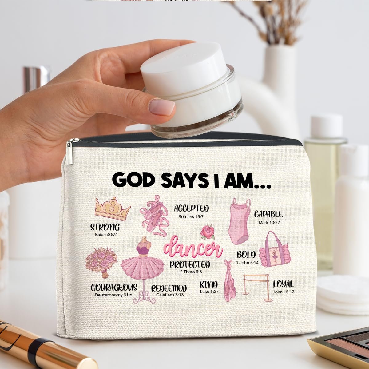 Inspirational Christian Ballerina Makeup Bag – Motivational Dancer Cosmetic Pouch – God Says I Am Gift for Girls - görsel 11