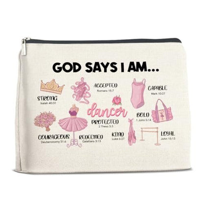 Inspirational Christian Ballerina Makeup Bag – Motivational Dancer Cosmetic Pouch – God Says I Am Gift for Girls