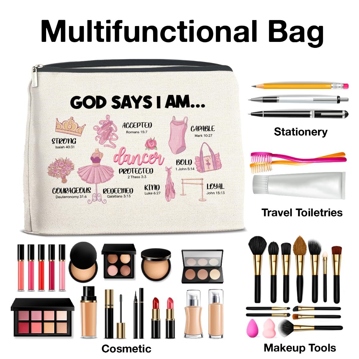 Inspirational Christian Ballerina Makeup Bag – Motivational Dancer Cosmetic Pouch – God Says I Am Gift for Girls - görsel 7