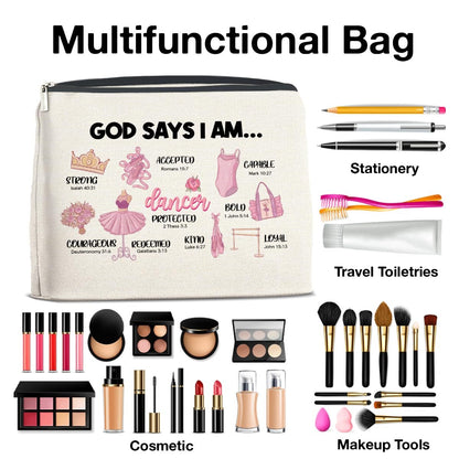 Inspirational Christian Ballerina Makeup Bag – Motivational Dancer Cosmetic Pouch – God Says I Am Gift for Girls