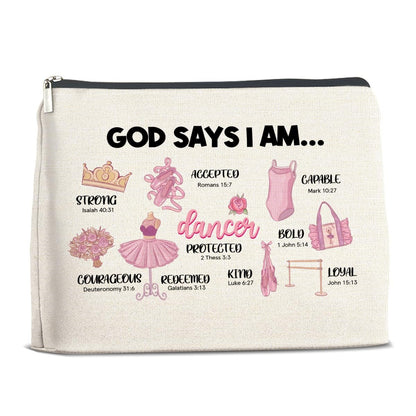 Inspirational Christian Ballerina Makeup Bag – Motivational Dancer Cosmetic Pouch – God Says I Am Gift for Girls