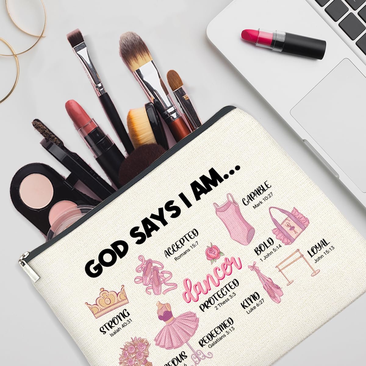 Inspirational Christian Ballerina Makeup Bag – Motivational Dancer Cosmetic Pouch – God Says I Am Gift for Girls - görsel 9