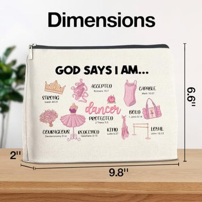 Inspirational Christian Ballerina Makeup Bag – Motivational Dancer Cosmetic Pouch – God Says I Am Gift for Girls