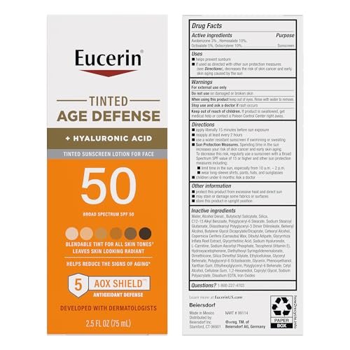 Eucerin Sun Tinted Age Defense Face Sunscreen Lotion SPF 50 with Hyaluronic Acid, Blendable Tint for All Skin Tones, Non-Comedogenic & Hypoallergenic, 2.5 Fl Oz Avelisse
