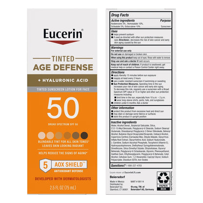 Eucerin Sun Tinted Age Defense Face Sunscreen Lotion SPF 50 with Hyaluronic Acid, Blendable Tint for All Skin Tones, Non-Comedogenic & Hypoallergenic, 2.5 Fl Oz Avelisse