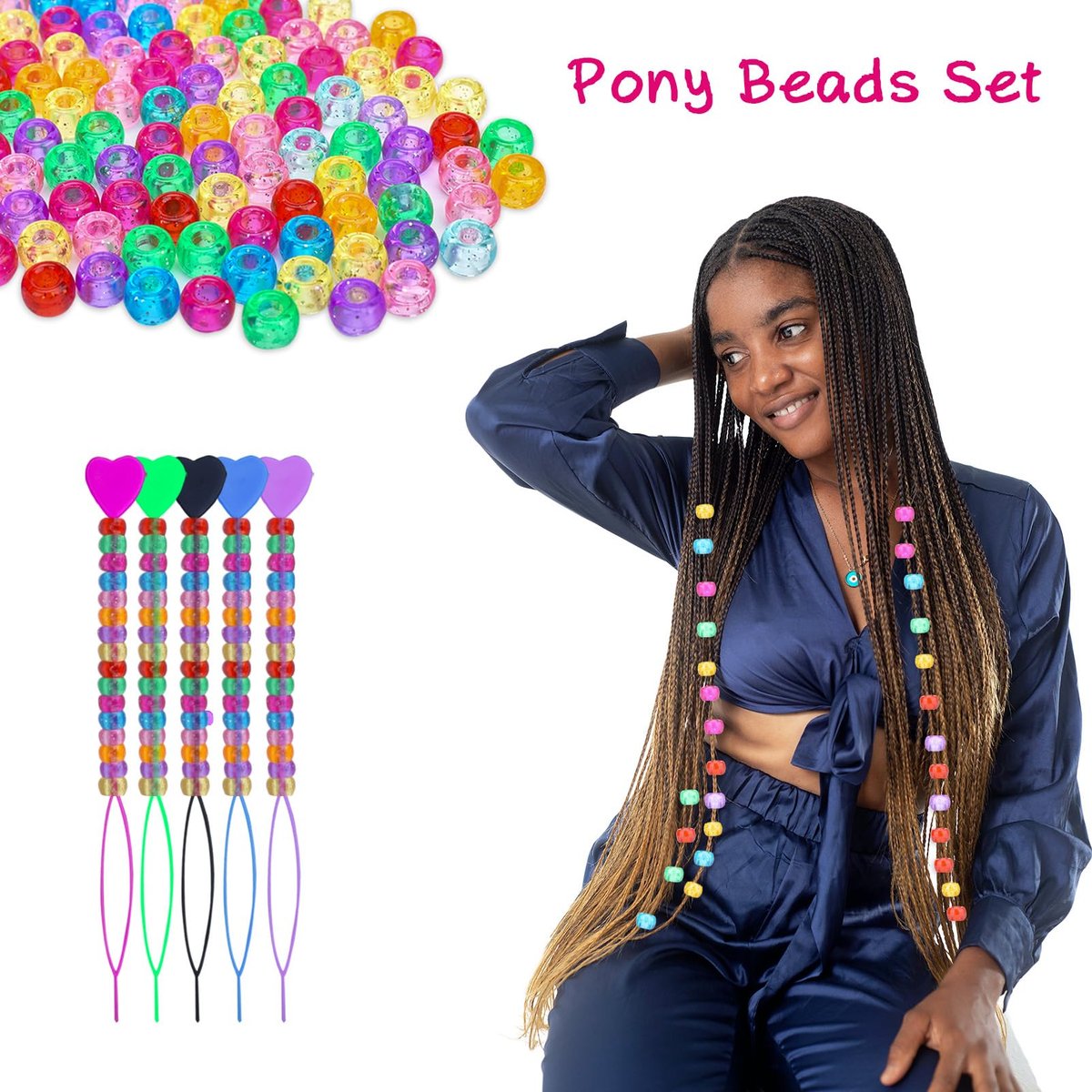 1008 Pcs Hair Beads Kit for Girls and Kids Hair Braids - Glitter Pony Beads, Elastic Bands, Beaders & Clips - görsel 5
