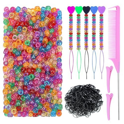 1008 Pcs Hair Beads Kit for Girls and Kids Hair Braids - Glitter Pony Beads, Elastic Bands, Beaders & Clips