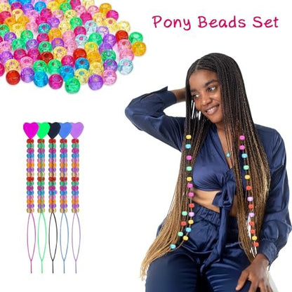 1008 Pcs Hair Beads Kit for Girls and Kids Hair Braids - Glitter Pony Beads, Elastic Bands, Beaders & Clips