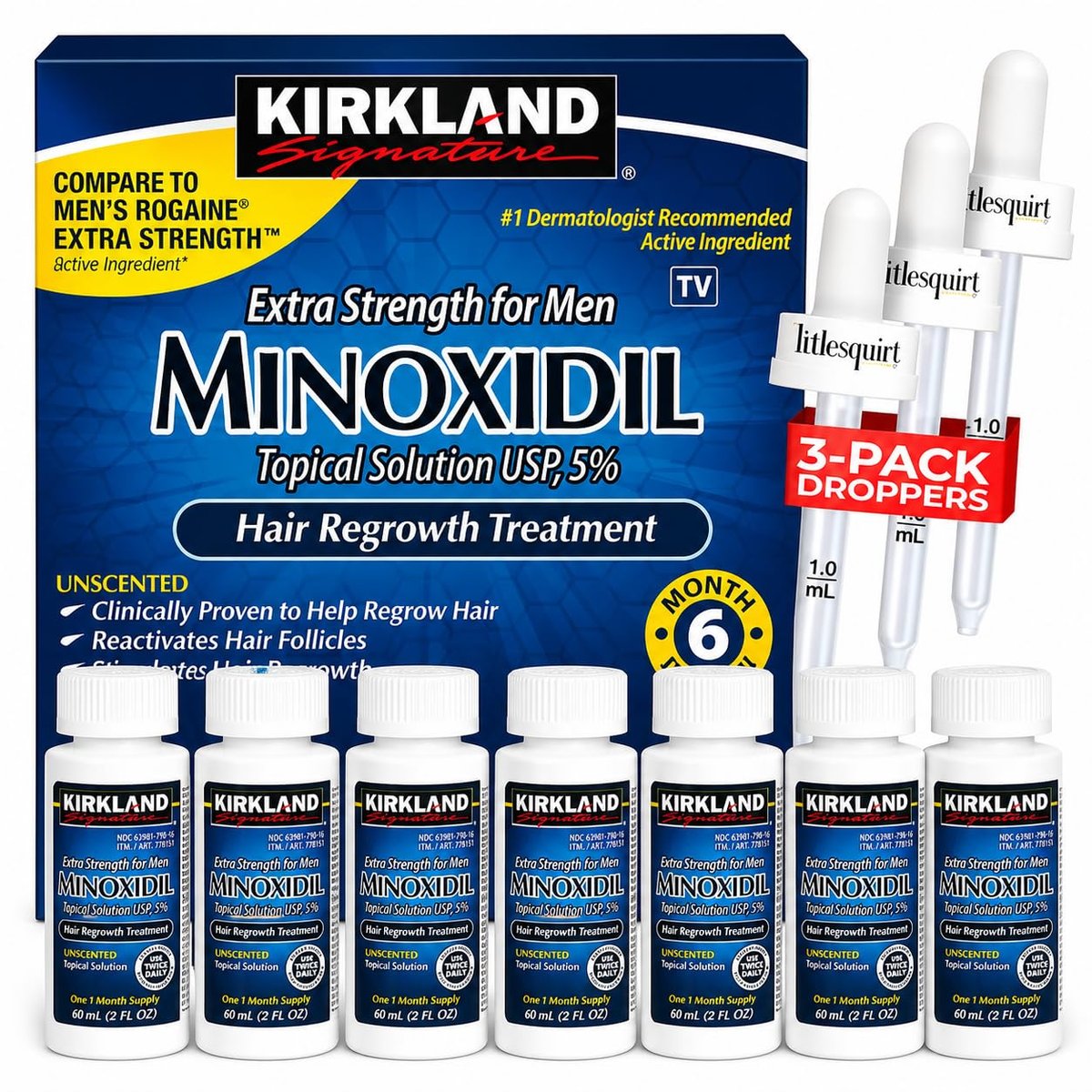 Kirkland Signature Hair Regrowth Treatment Extra Strength for Men, 5% Minoxidil Topical Solution, 2 fl oz, 6-Pack Avelisse