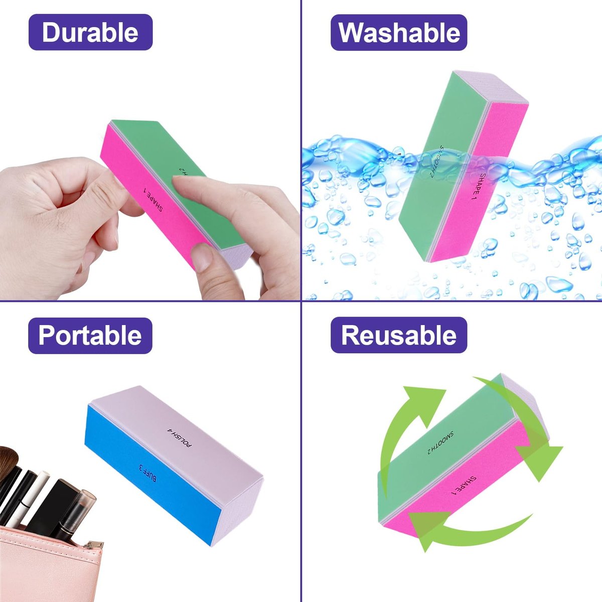 4-Way Nail Buffer Block (4 Pack) – Nail Shine Buffer for Natural & Acrylic Nails, 120/240/600/3000 Grit Fingernail File & Polisher - görsel 7