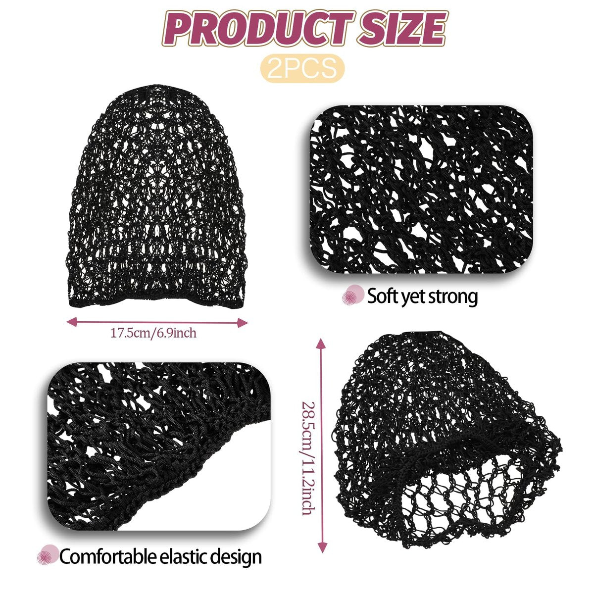 Mozeat Lens 2-Pack Hair Nets Snoods for Women - Black Rayon Knit Snood Hat, Mesh Crochet Hair Wrap Sleep Cap - görsel 3
