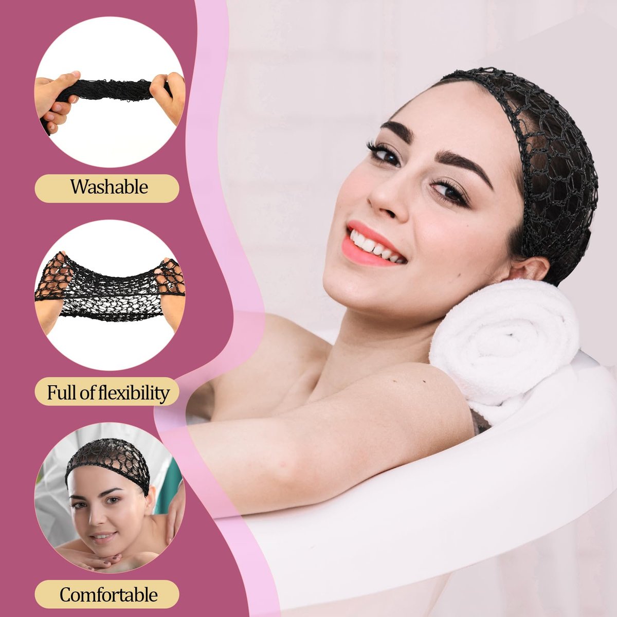 Mozeat Lens 2-Pack Hair Nets Snoods for Women - Black Rayon Knit Snood Hat, Mesh Crochet Hair Wrap Sleep Cap - görsel 11
