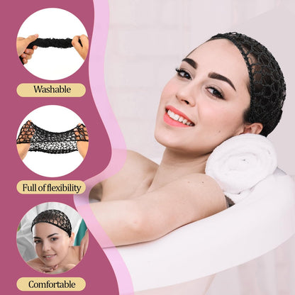Mozeat Lens 2-Pack Hair Nets Snoods for Women - Black Rayon Knit Snood Hat, Mesh Crochet Hair Wrap Sleep Cap