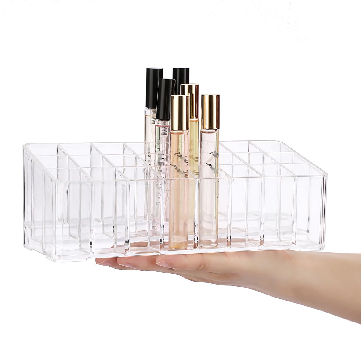 ELLDOO Clear Acrylic Rollerball Perfume Organizer – 24-Slot Cosmetic Display Case for Perfume, Lip Gloss, Lipstick, and Beauty Samples Avelisse