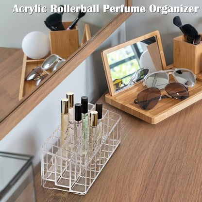 ELLDOO Clear Acrylic Rollerball Perfume Organizer – 24-Slot Cosmetic Display Case for Perfume, Lip Gloss, Lipstick, and Beauty Samples Avelisse