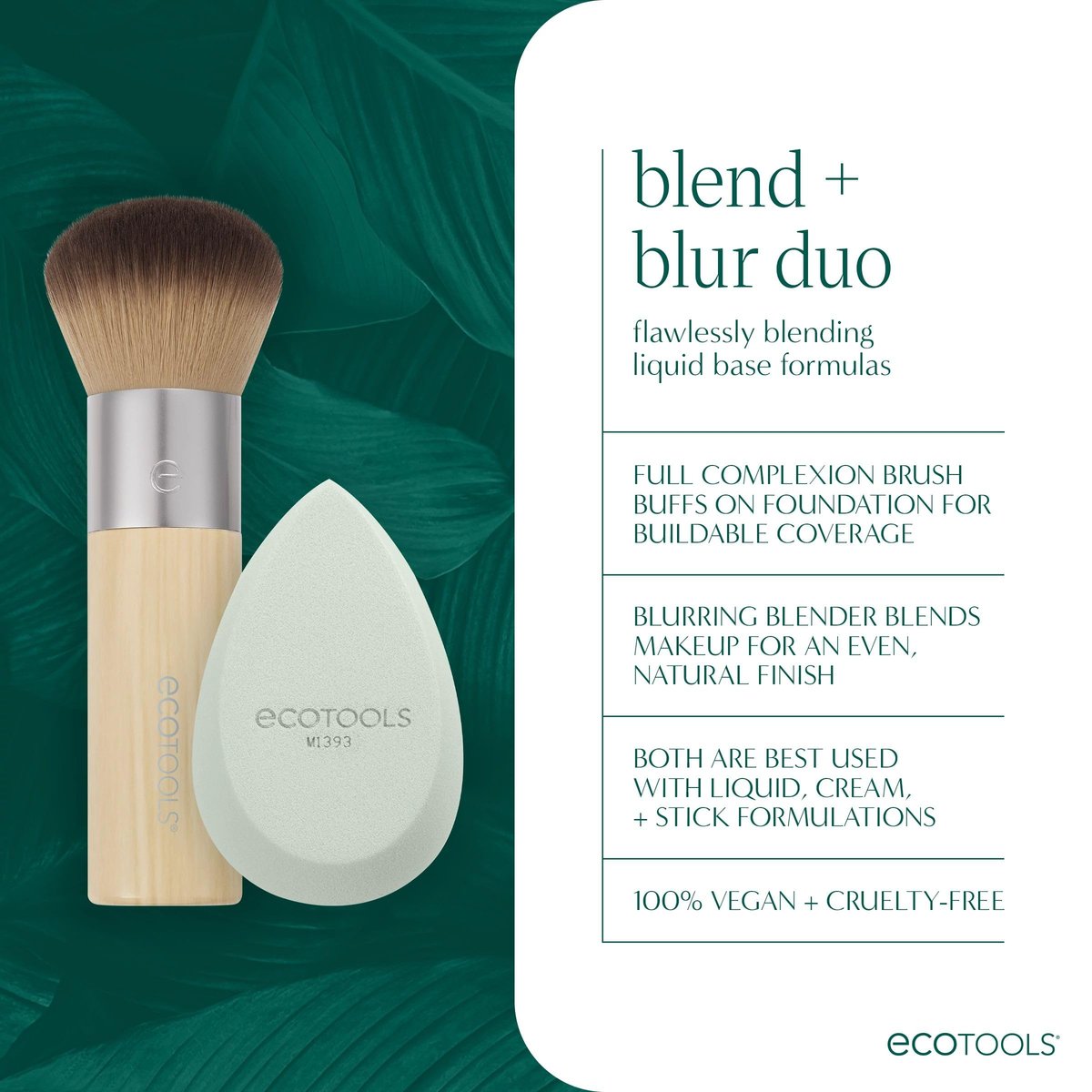 EcoTools Blend + Blur Makeup Brush and Sponge Duo - Eco-Friendly Foundation Brush & Latex-Free Blender for Liquid & Cream Makeup, Vegan & Cruelty Free, 2 Piece Set Avelisse