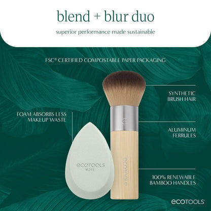 EcoTools Blend + Blur Makeup Brush and Sponge Duo - Eco-Friendly Foundation Brush & Latex-Free Blender for Liquid & Cream Makeup, Vegan & Cruelty Free, 2 Piece Set Avelisse
