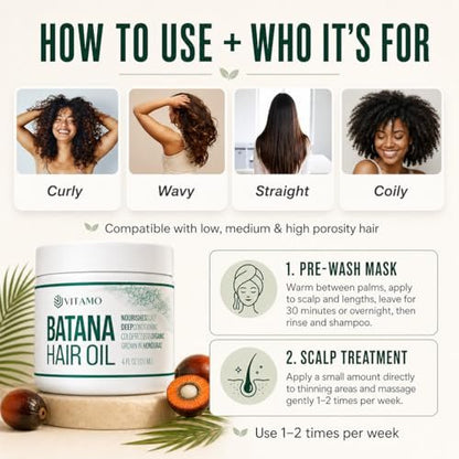 Vitamo 100% Organic Batana Natural Hair Growth Oil – Pure Elaeis Oleifera, Cold Pressed, Dr. Sebi Inspired Scalp & Hair Shine Treatment for Men and Women (4 Fl Oz) Avelisse