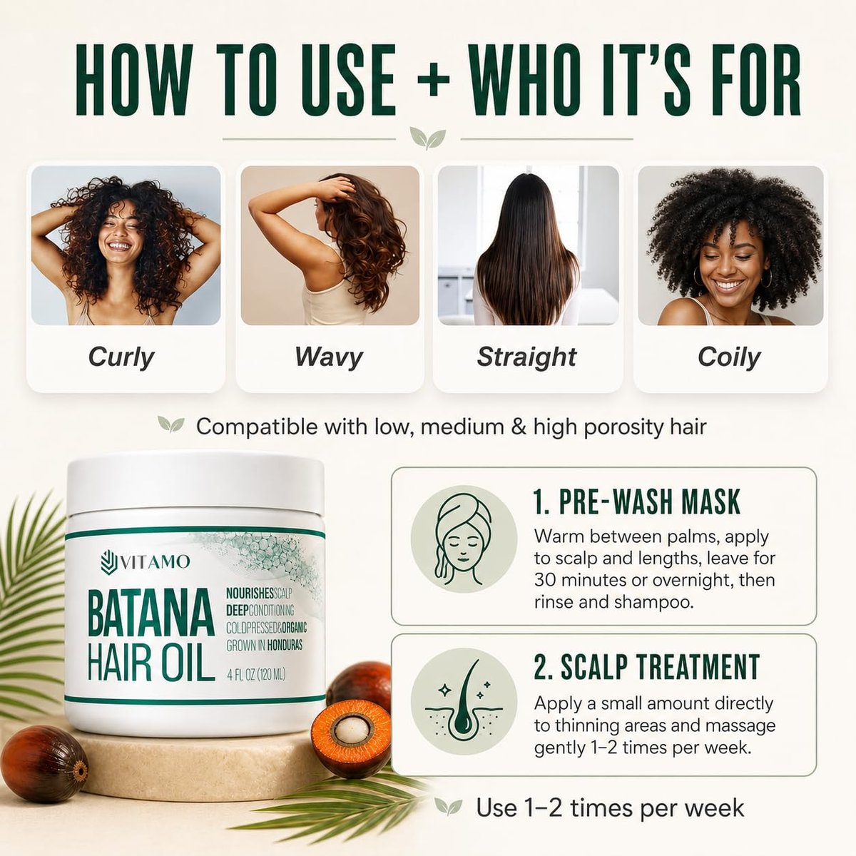 Vitamo 100% Organic Batana Natural Hair Growth Oil – Pure Elaeis Oleifera, Cold Pressed, Dr. Sebi Inspired Scalp & Hair Shine Treatment for Men and Women (4 Fl Oz) Avelisse
