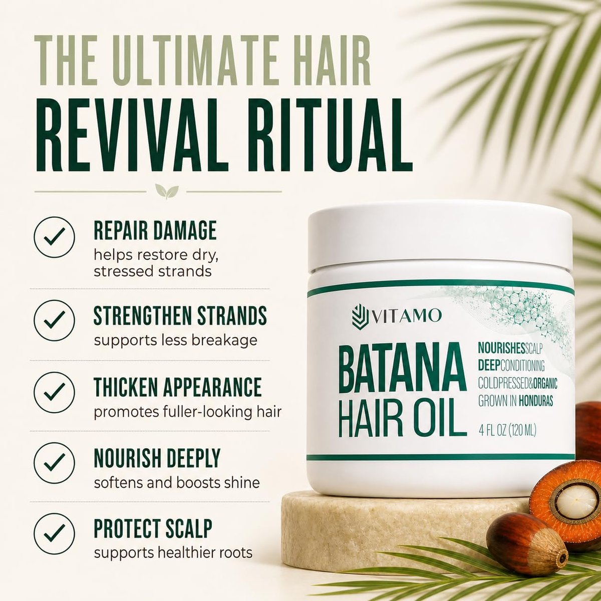 Vitamo 100% Organic Batana Natural Hair Growth Oil – Pure Elaeis Oleifera, Cold Pressed, Dr. Sebi Inspired Scalp & Hair Shine Treatment for Men and Women (4 Fl Oz) Avelisse