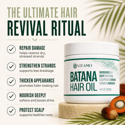 Vitamo 100% Organic Batana Natural Hair Growth Oil – Pure Elaeis Oleifera, Cold Pressed, Dr. Sebi Inspired Scalp & Hair Shine Treatment for Men and Women (4 Fl Oz) Avelisse