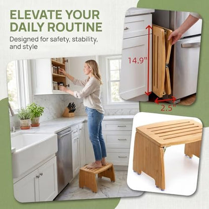 Lyellfe Bamboo Folding Step Stool – Non-Slip Foot Rest Chair, Foldable One Step Stool for Home, Supports Up to 300 lbs, Fully Assembled Avelisse
