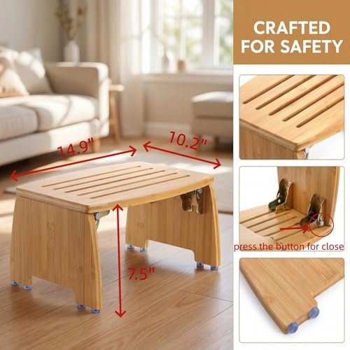 Lyellfe Bamboo Folding Step Stool – Non-Slip Foot Rest Chair, Foldable One Step Stool for Home, Supports Up to 300 lbs, Fully Assembled Avelisse