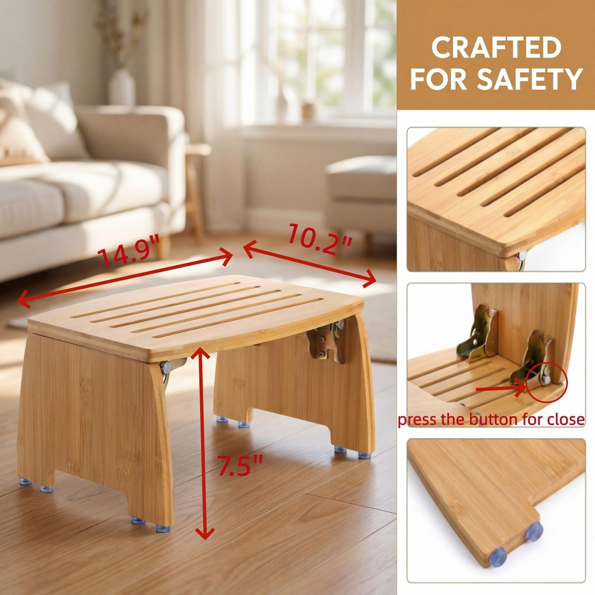 Lyellfe Bamboo Folding Step Stool – Non-Slip Foot Rest Chair, Foldable One Step Stool for Home, Supports Up to 300 lbs, Fully Assembled Avelisse