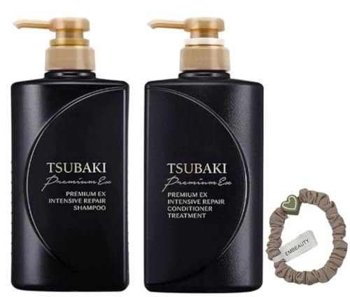 TJ SIGNATURE TSUBAKI Premium EX Intensive Repair Shampoo and Conditioner Bundle - Black Series Hair Care Set for Damaged Hair (400ml+400ml) with Hair Tie Avelisse
