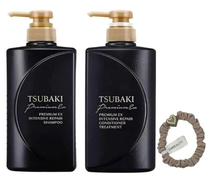 TJ SIGNATURE TSUBAKI Premium EX Intensive Repair Shampoo and Conditioner Bundle - Black Series Hair Care Set for Damaged Hair (400ml+400ml) with Hair Tie Avelisse