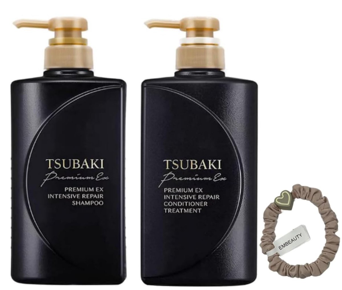 TJ SIGNATURE TSUBAKI Premium EX Intensive Repair Shampoo and Conditioner Bundle - Black Series Hair Care Set for Damaged Hair (400ml+400ml) with Hair Tie Avelisse