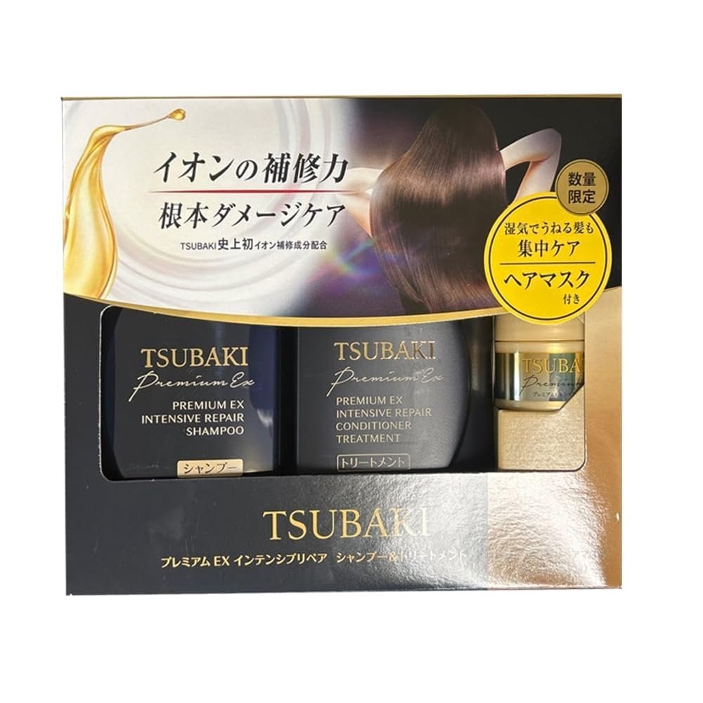 TJ SIGNATURE TSUBAKI Premium EX Intensive Repair Shampoo and Conditioner Bundle - Black Series Hair Care Set for Damaged Hair (400ml+400ml) with Hair Tie Avelisse