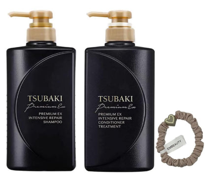 TJ SIGNATURE TSUBAKI Premium EX Intensive Repair Shampoo and Conditioner Bundle - Black Series Hair Care Set for Damaged Hair (400ml+400ml) with Hair Tie Avelisse
