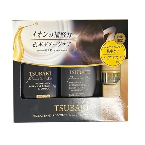 TJ SIGNATURE TSUBAKI Premium EX Intensive Repair Shampoo and Conditioner Bundle - Black Series Hair Care Set for Damaged Hair (400ml+400ml) with Hair Tie Avelisse