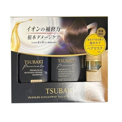 TJ SIGNATURE TSUBAKI Premium EX Intensive Repair Shampoo and Conditioner Bundle - Black Series Hair Care Set for Damaged Hair (400ml+400ml) with Hair Tie Avelisse