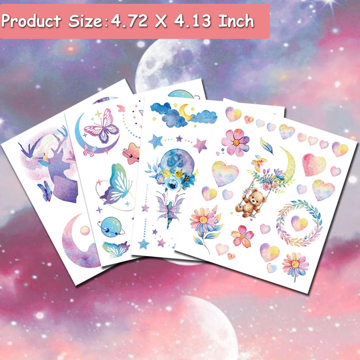 Hohamn Glitter Tattoos for Girls & Women – 12 Sheets Butterfly, Moon, Flowers, Mermaid Temporary Tattoos for Birthday Party Supplies & Gifts - görsel 5