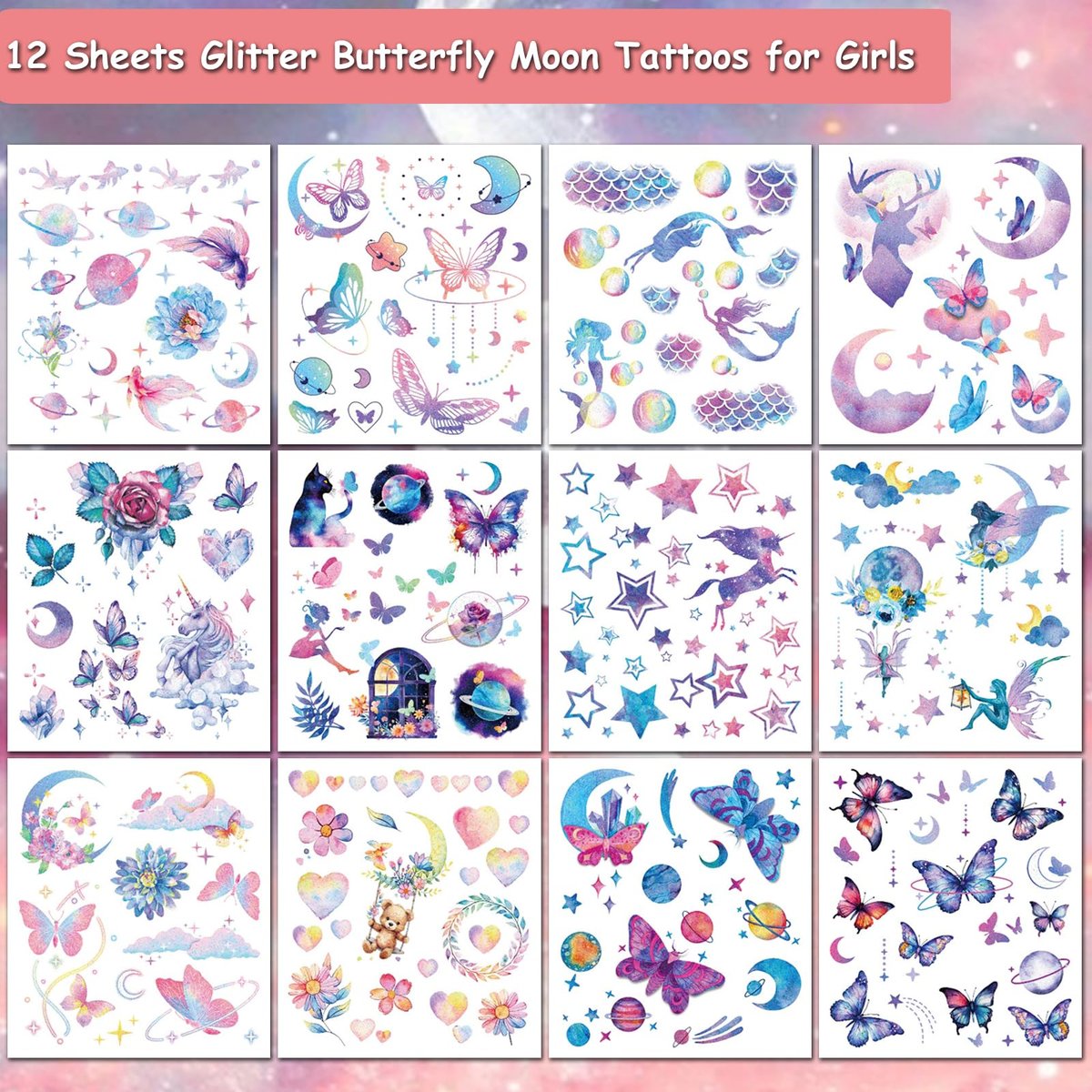Hohamn Glitter Tattoos for Girls & Women – 12 Sheets Butterfly, Moon, Flowers, Mermaid Temporary Tattoos for Birthday Party Supplies & Gifts - görsel 3
