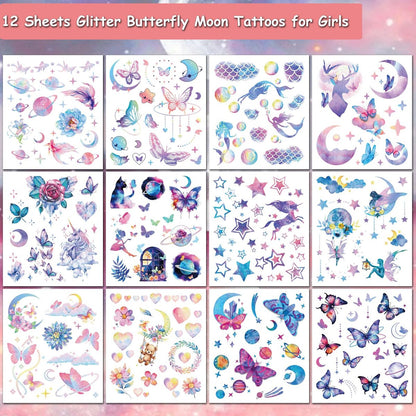 Hohamn Glitter Tattoos for Girls & Women – 12 Sheets Butterfly, Moon, Flowers, Mermaid Temporary Tattoos for Birthday Party Supplies & Gifts